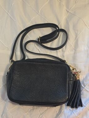 Black Pebbled Leather Crossbody with Tassel Accent